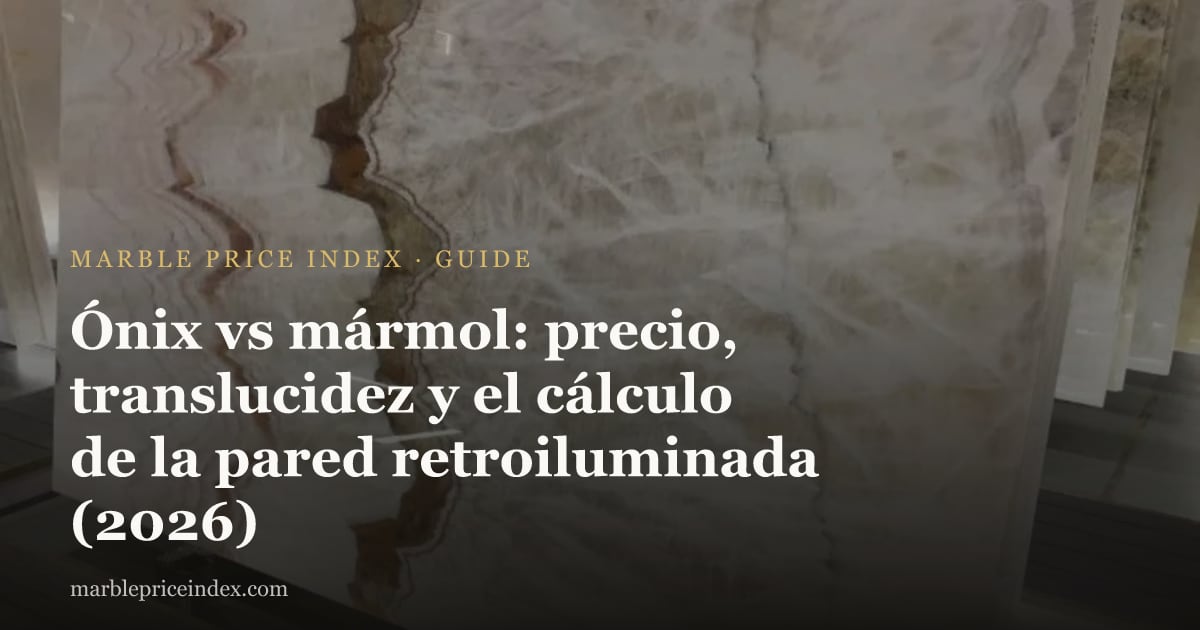 Ónix vs mármol: precio, translucidez y el cálculo de la pared retroiluminada (2026)