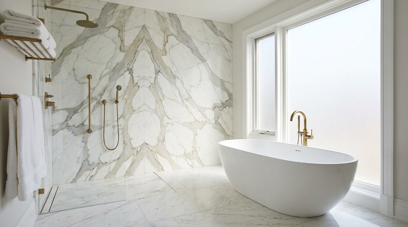 Book-matched Calacatta marble bathroom