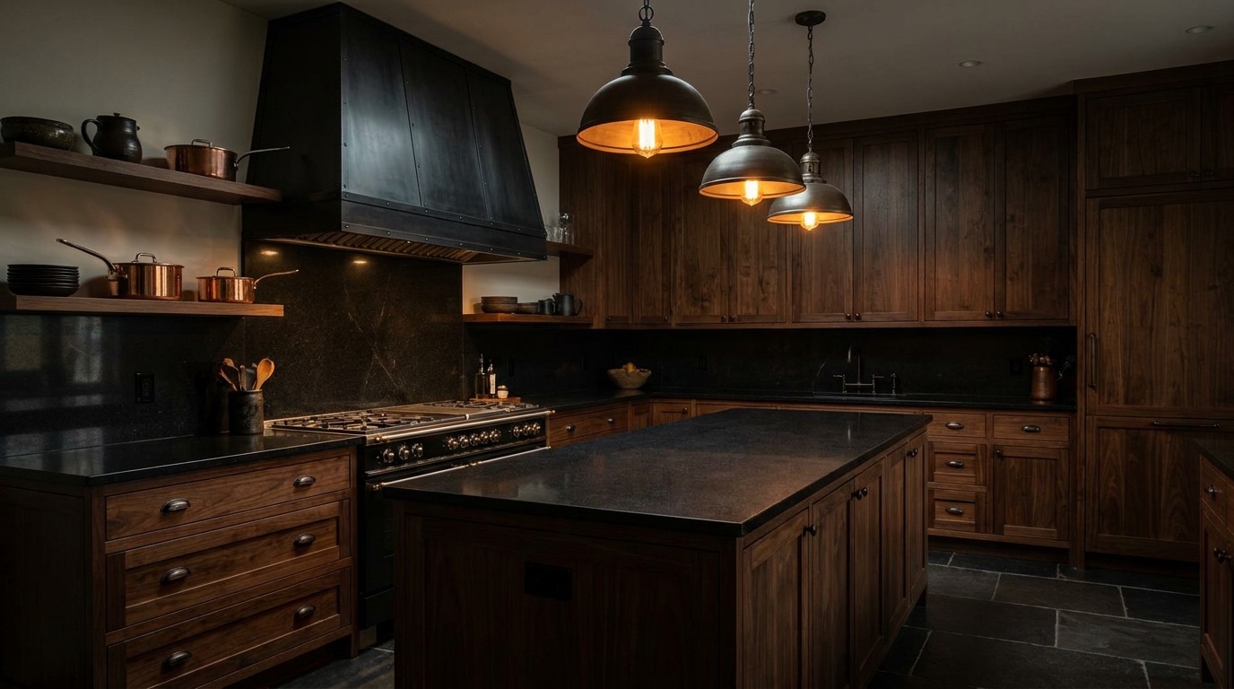 Absolute Black granite kitchen with walnut