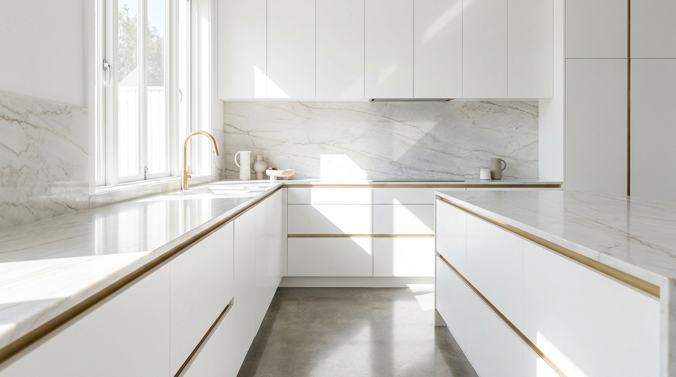 Bianco Superiore quartzite white kitchen