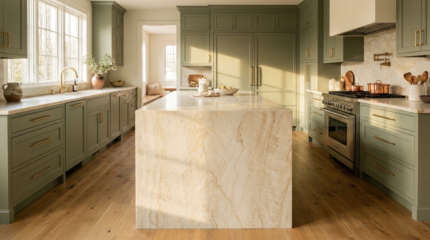 Taj Mahal quartzite kitchen with sage cabinets