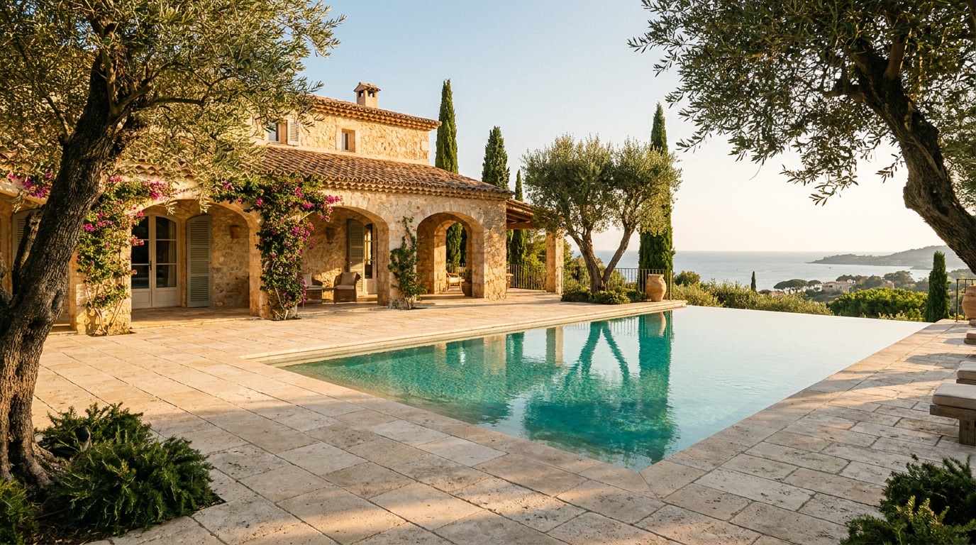 Tumbled travertine pool deck